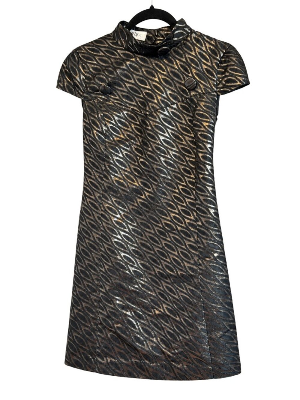 Tibi Size 4 Black Gold Metallic Geometric High Neck Cap Sleeve Dress